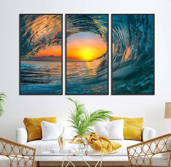 The Ocean Wave Sunset Wall Art canvas print features a vibrant ocean wave at sunset, forming a tunnel with silhouetted mountains.