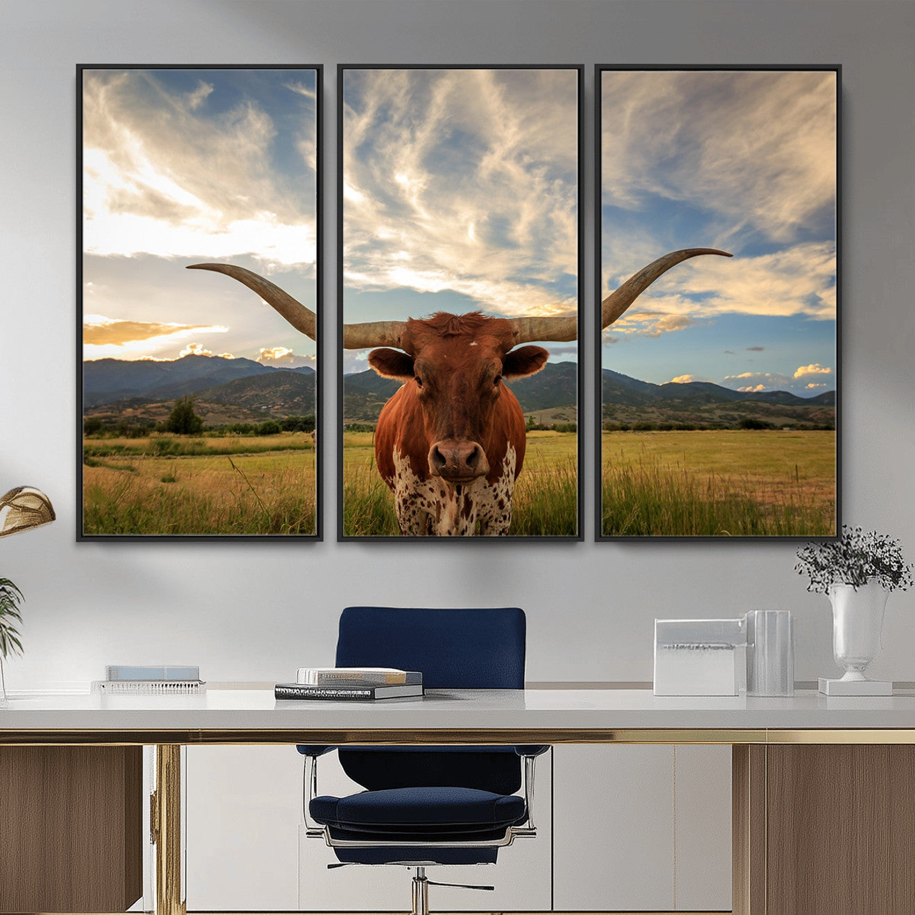 55416-MGV-CV-36X24 - Texas Longhorn Canvas Wall Art – Majestic Triptych Animal Print – Rustic Western Decor for Living Room