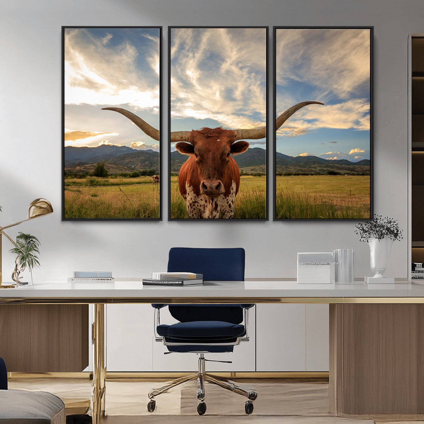 MGV-FC-48X32-3P - Texas Longhorn Canvas Wall Art – Majestic Triptych Animal Print – Rustic Western Decor for Living