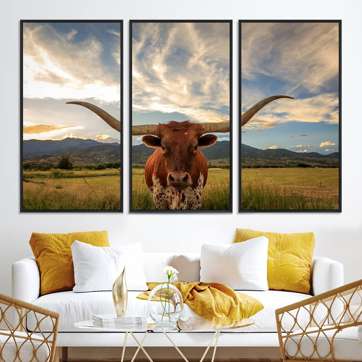 Texas Longhorn Canvas Wall Art – Majestic Triptych Animal Print – Rustic Western Decor for Living Room or Office – Ready to Hang