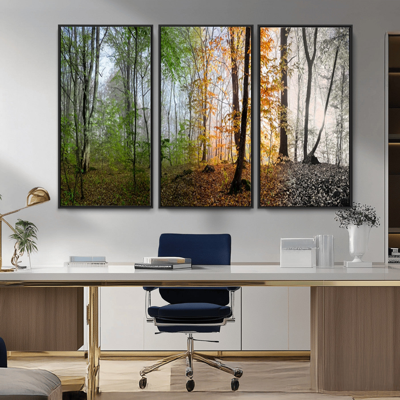MGV-FC-48X32-3P - Four Seasons Wall Art Forest Canvas Print – Triptych Seasonal Nature Print – Landscape Decor for