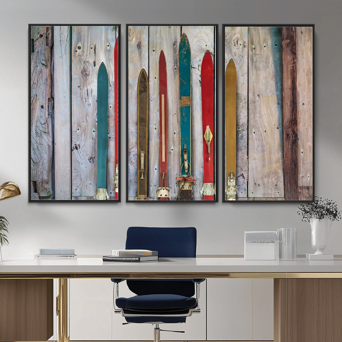 30640-MGV-CV-36X24 - Vintage Wooden Weathered Skis in Front of an Old Barn Wall Art Canvas Print