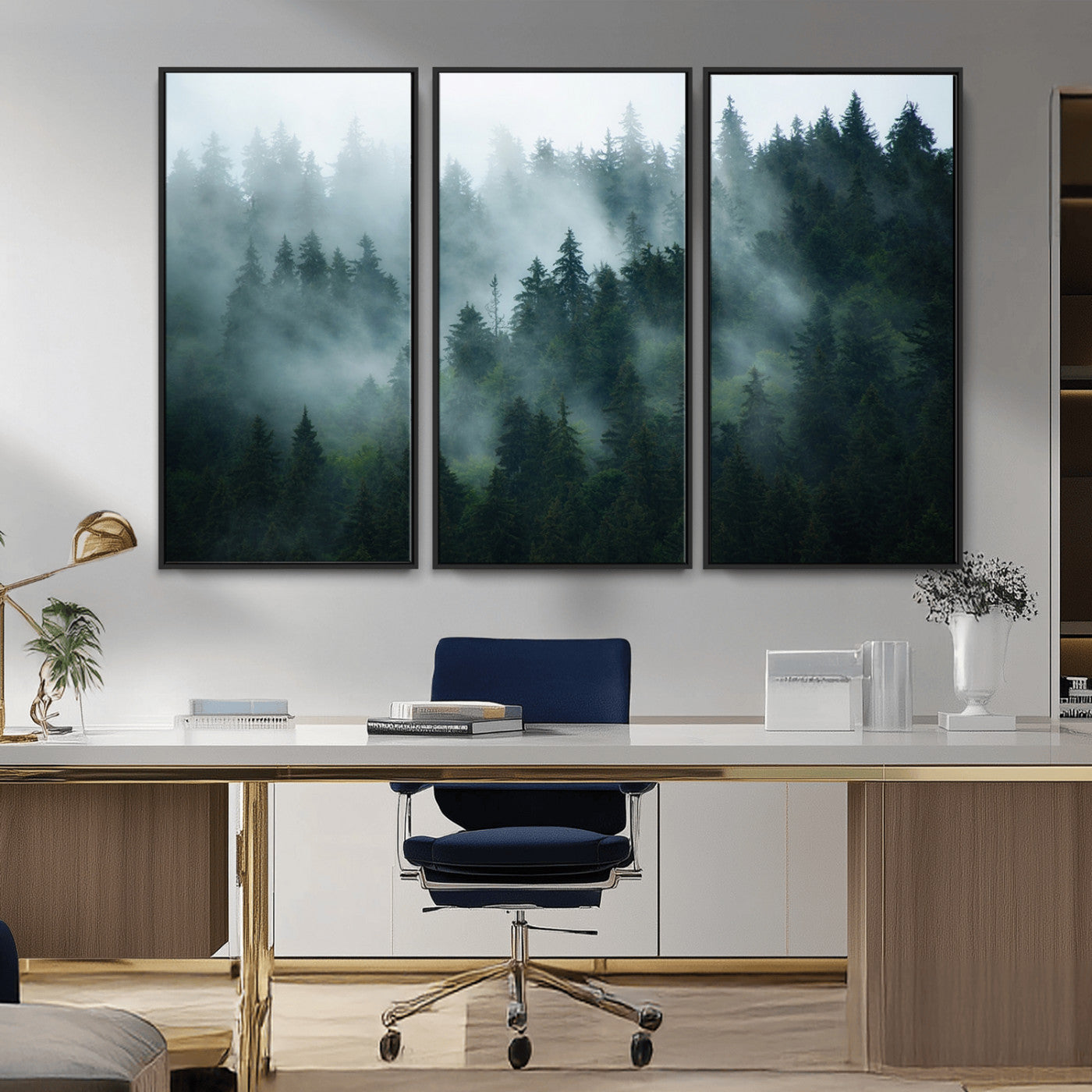 MGV-FC-48X32-3P - Foggy Forest 3-Panel Canvas Wall Art | Large Giclée Nature Scene Print for Living Room, Office, or