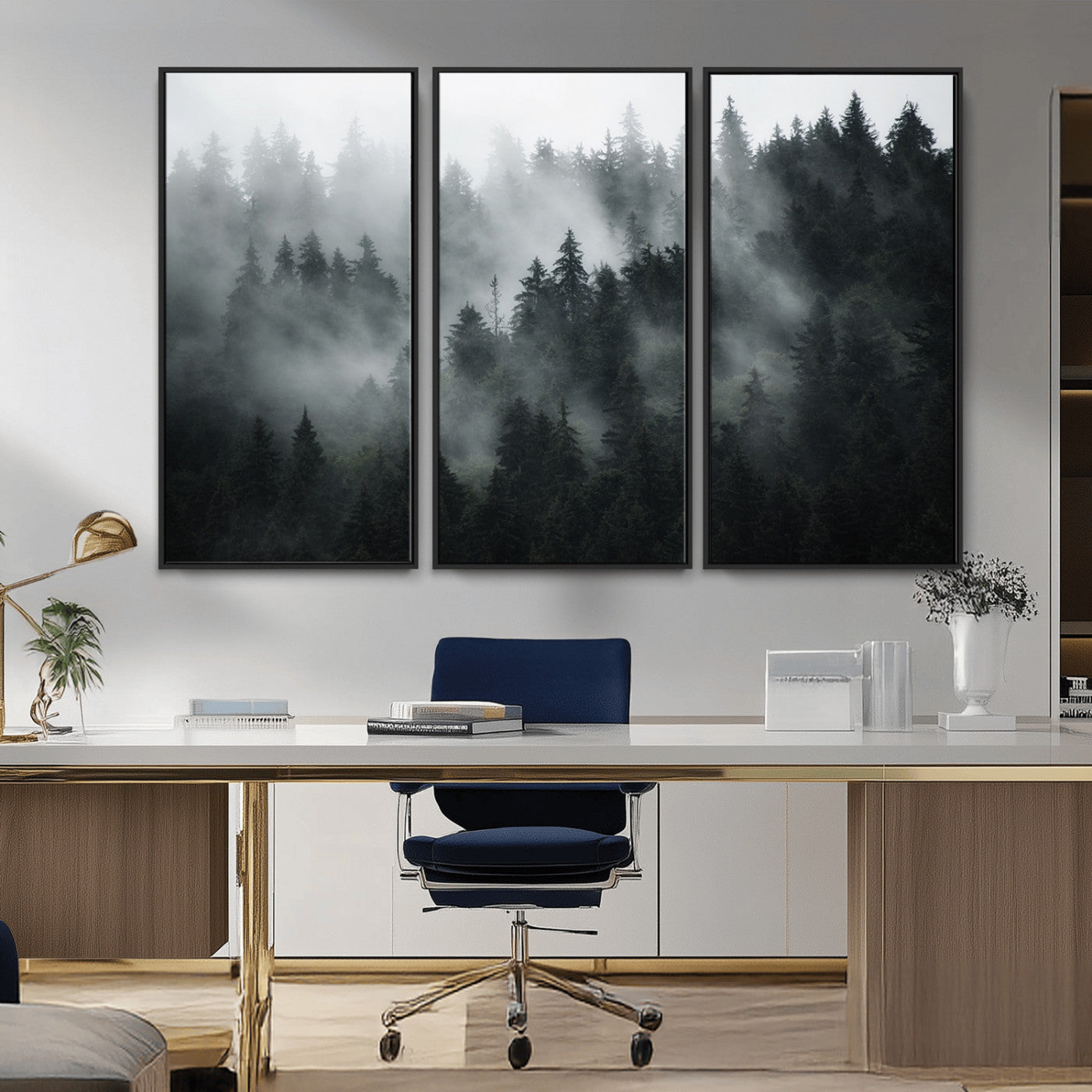 MGV-FC-48X32-3P - Foggy Forest Wall Art Canvas Print | 3 Panel Large Misty Landscape for Dining Room, Office, or