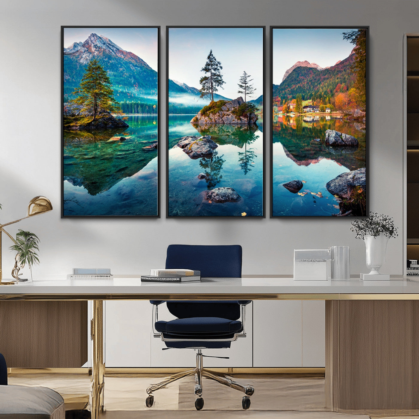 -Crystal Clear Lake Wall Art | Mountains Wall Art Canvas | 3 Panel Large Landscape Print for Dining