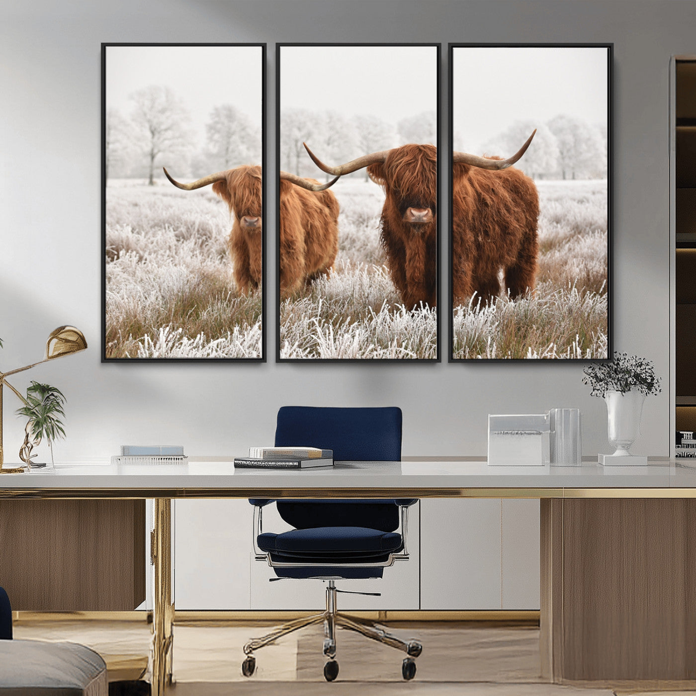 MGV-FC-48X32-3P - Longhorn Cattle Wall Art Canvas Print, Framed Farmhouse Style Art Picture Print, Rustic Cow Perfect Rustic Farmhouse Decor Artwork