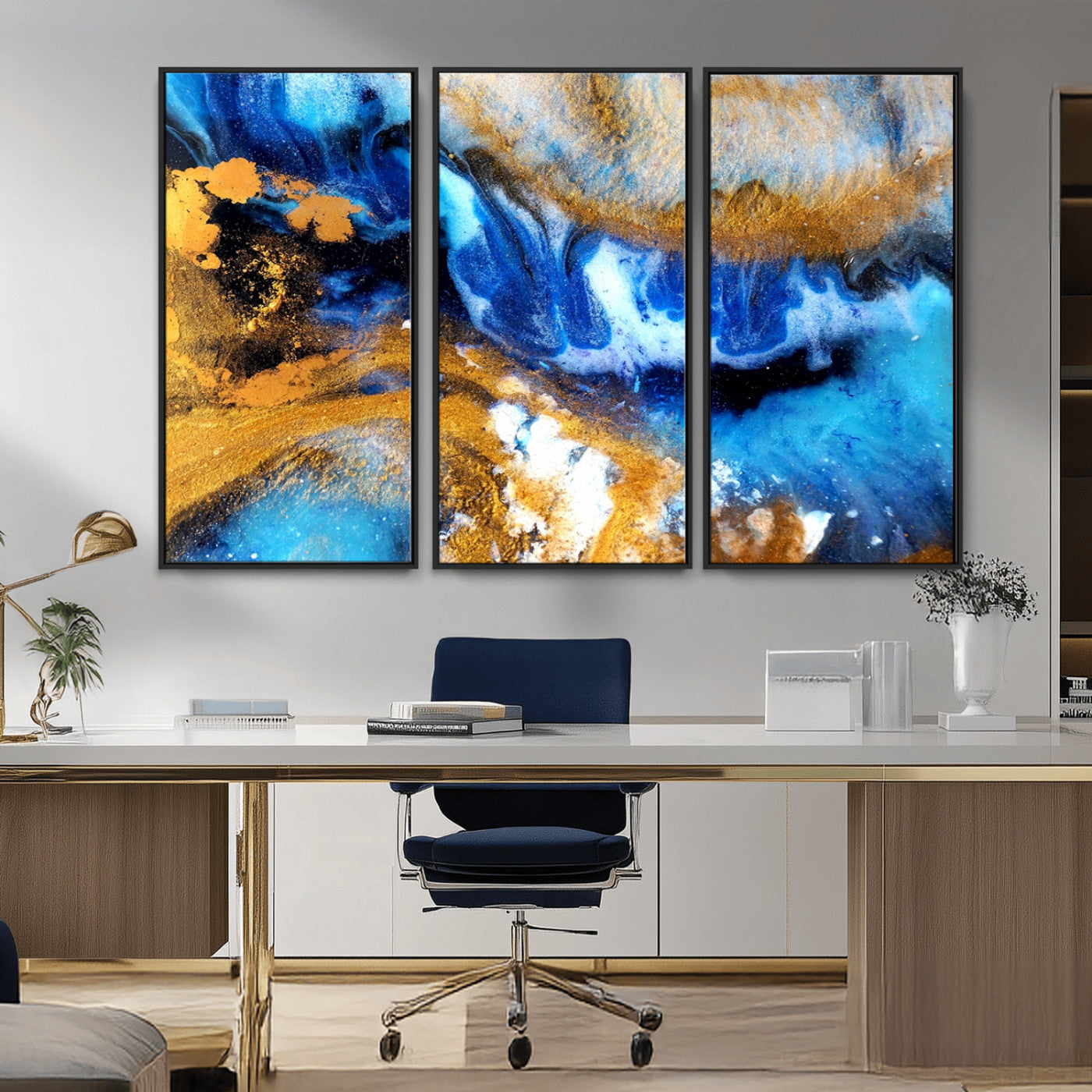 MGV-FC-48X32-3P - Blue Orange Marble Fluid Effect Canvas Wall Art Print