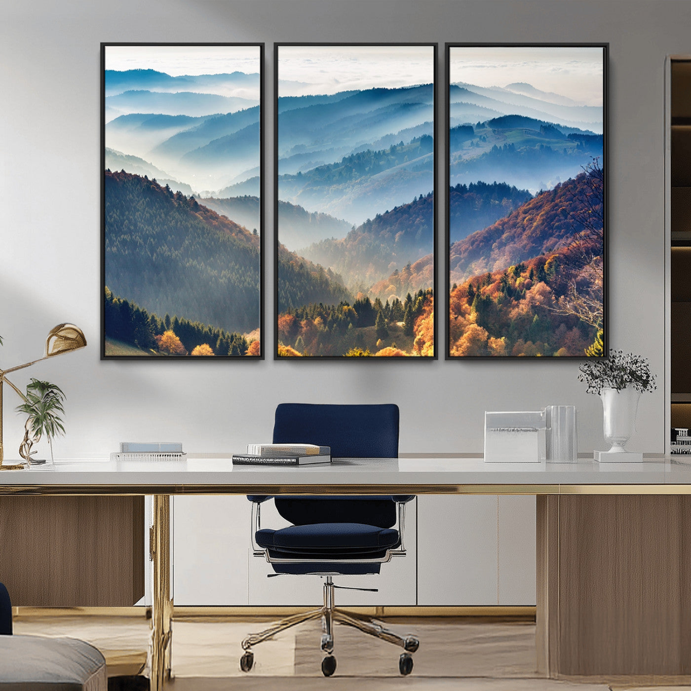 MGV-FC-48X32-3P - Misty Mountain Sunrise Triptych Canvas Print – Autumn Landscape Wall Art – Scenic Nature Decor –