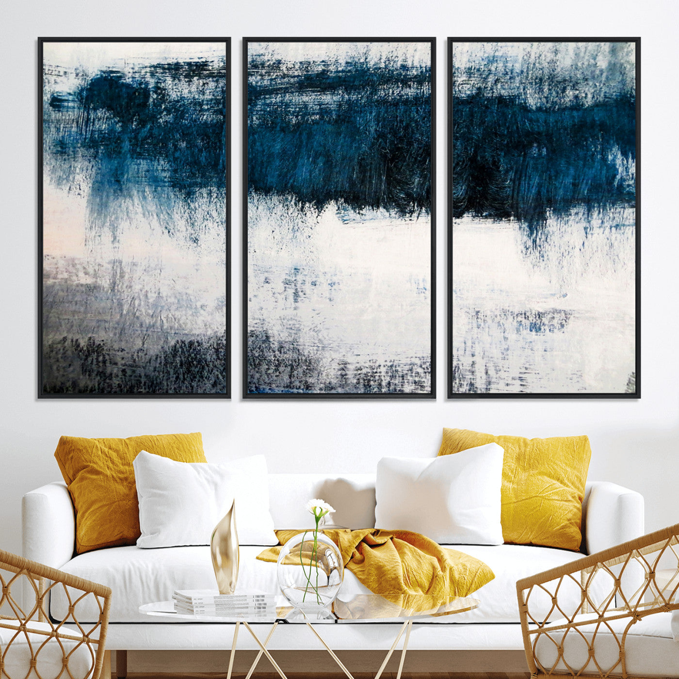 38954-MGV-CV-36X24-Abstract Blue and White Canvas Art | Large Wall Art for Modern Living Room Decor | Minimalist Brushstroke Painting on Canvas
