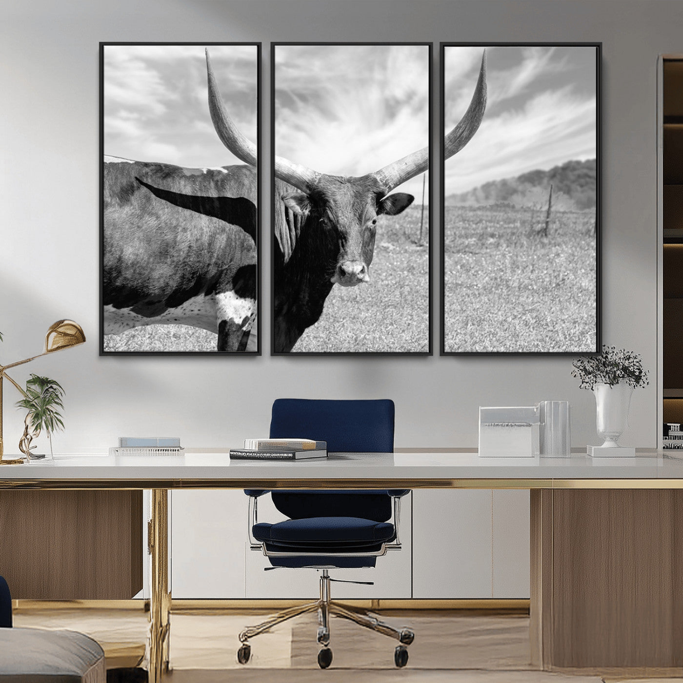 MGV-FC-48X32-3P - Cattle Wall Art Longhorn Cow Canvas Print