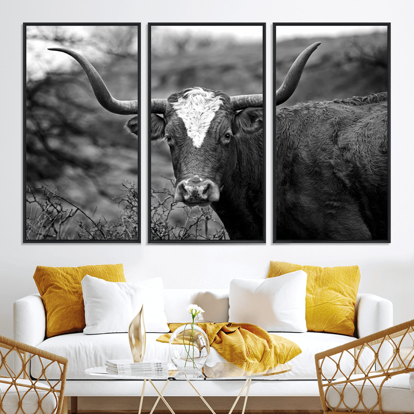 76200-MGV-CV-36X24-Western Home Wall Art Canvas Print, Framed Texas Longhorn Art Picture Print, Rustic Cow Perfect Rustic Farmhouse Decor Artwork