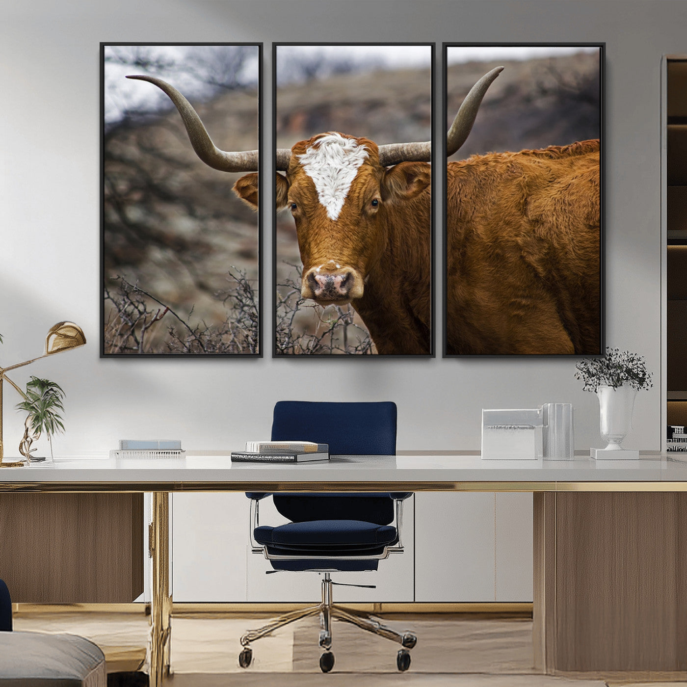 MGV-FC-48X32-3P - Texas Longhorn Canvas Wall Art - Longhorn Steer Canvas Wall Art Print- Rustic Western Animal Print,