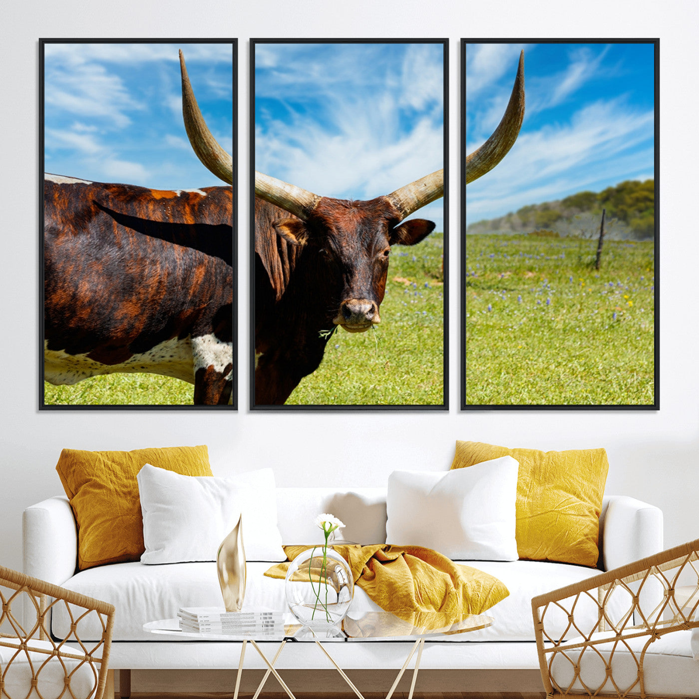 47037-MGV-CV-36X24-Longhorn and Cow Wall Art, Country Cow Wall Decor Canvas Print