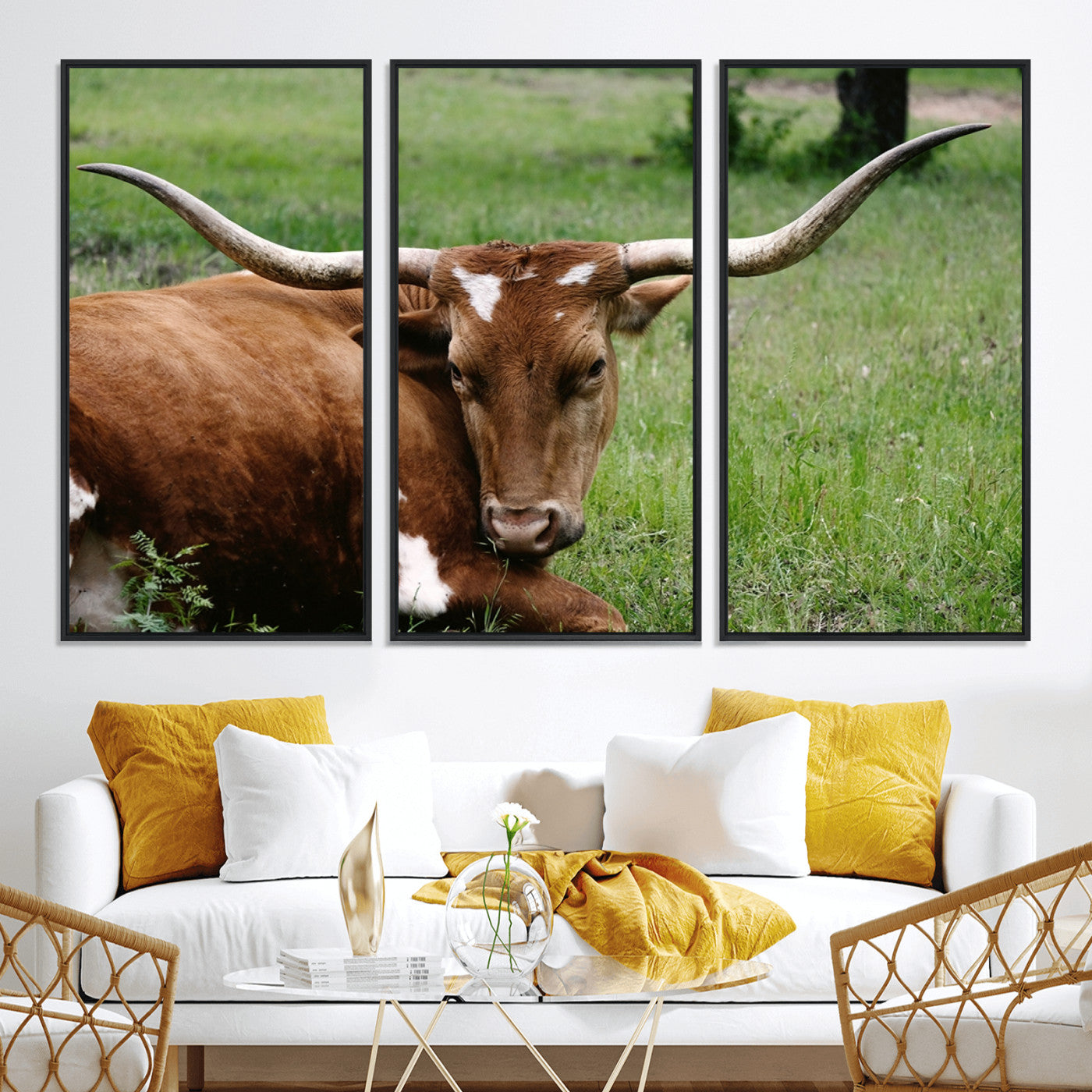 45997-MGV-CV-36X24-Longhorn Steer Canvas Wall Art – Rustic Nature Triptych Decor for Living Room or Office – Ready to Hang