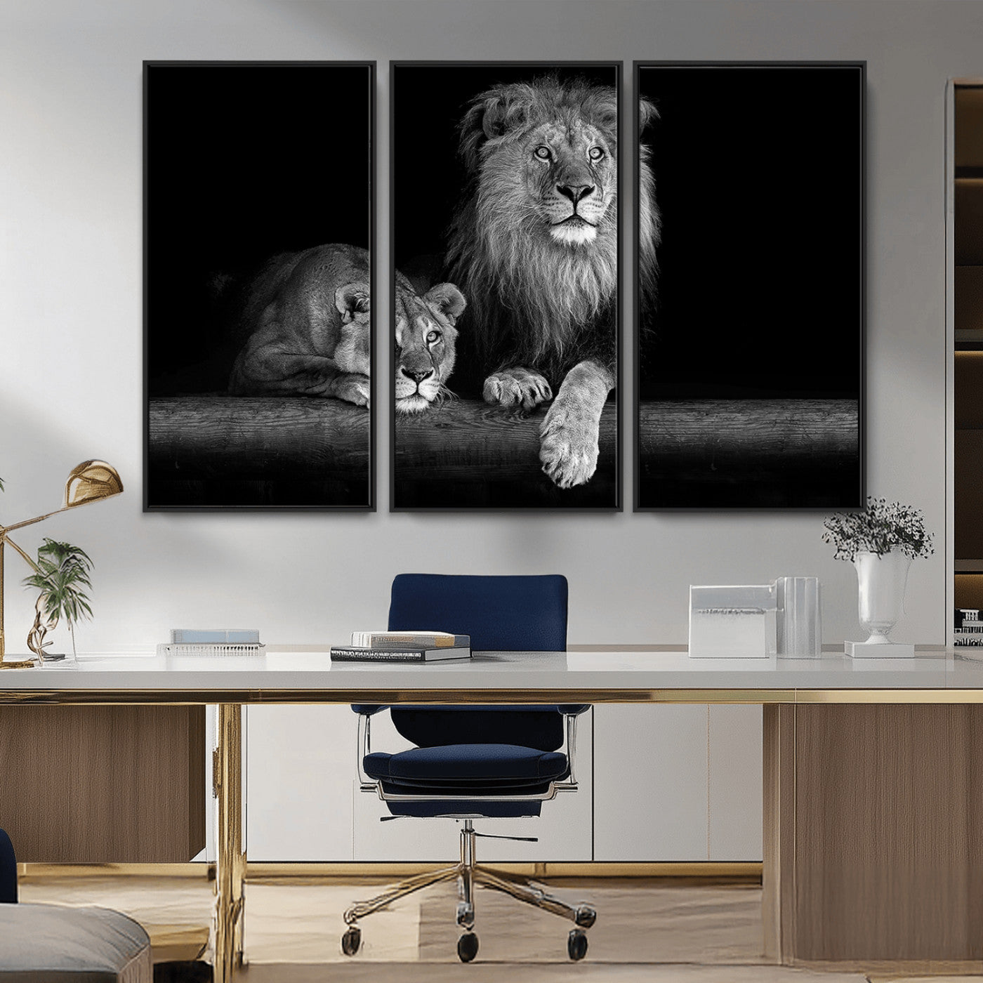 MGV-FC-48X32-3P - Large Black and White Lion Couple Wall Art Canvas Print