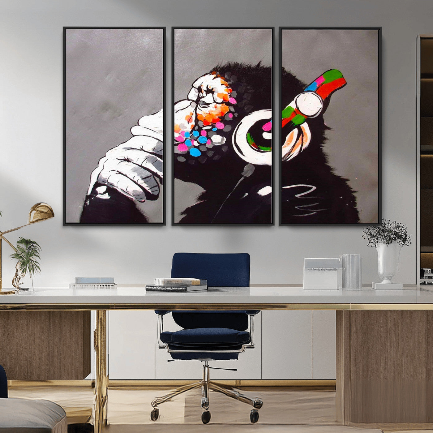 MGV-FC-48X32-3P - Dj Monkey Listening to Music Wall Art Print | Banksy Monkey Large Canvas Print for Living Room,