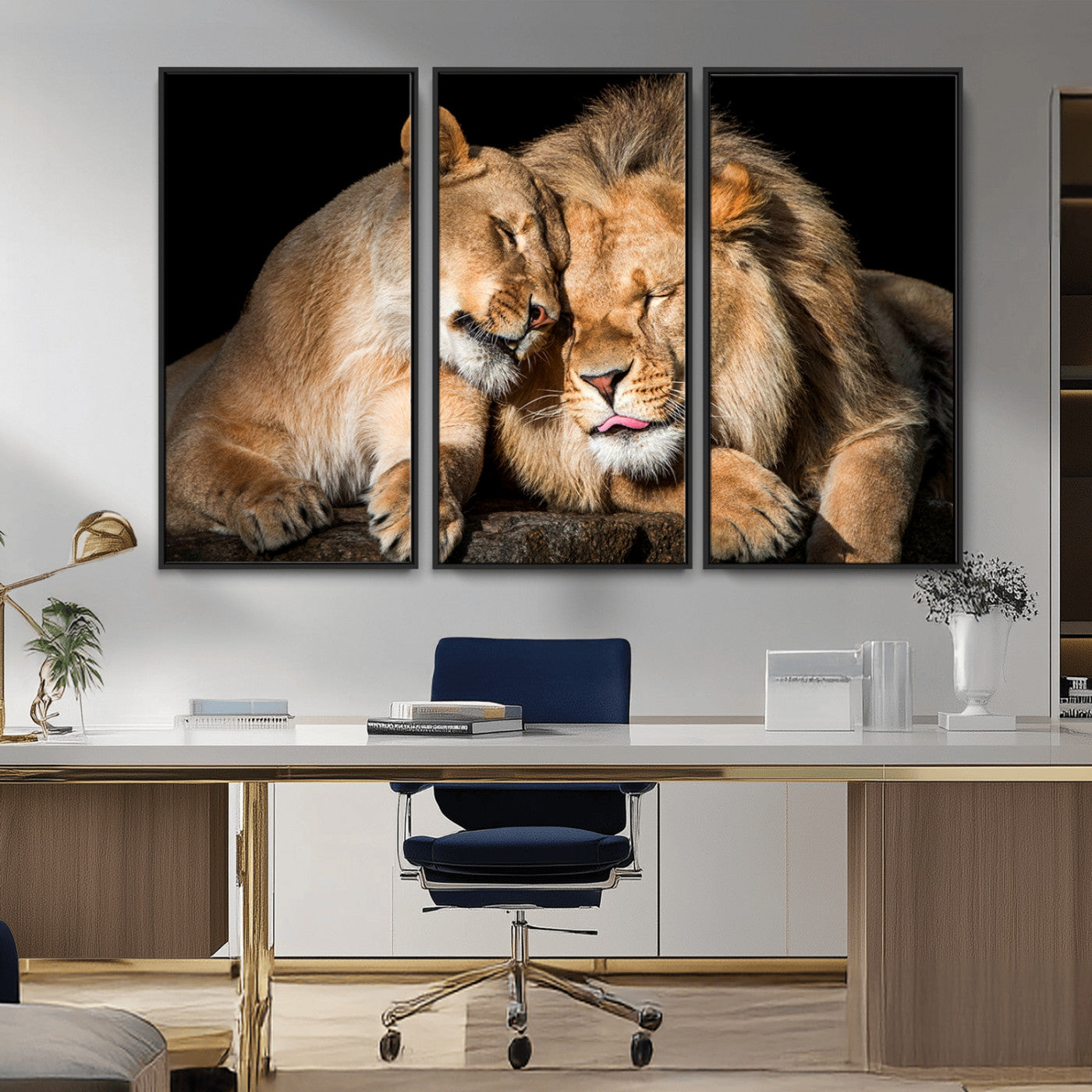MGV-FC-48X32-3P - Lion and Lioness Wall Art Print Canvas | 3-Panel African Wildlife Canvas Print | Animal-Themed Art