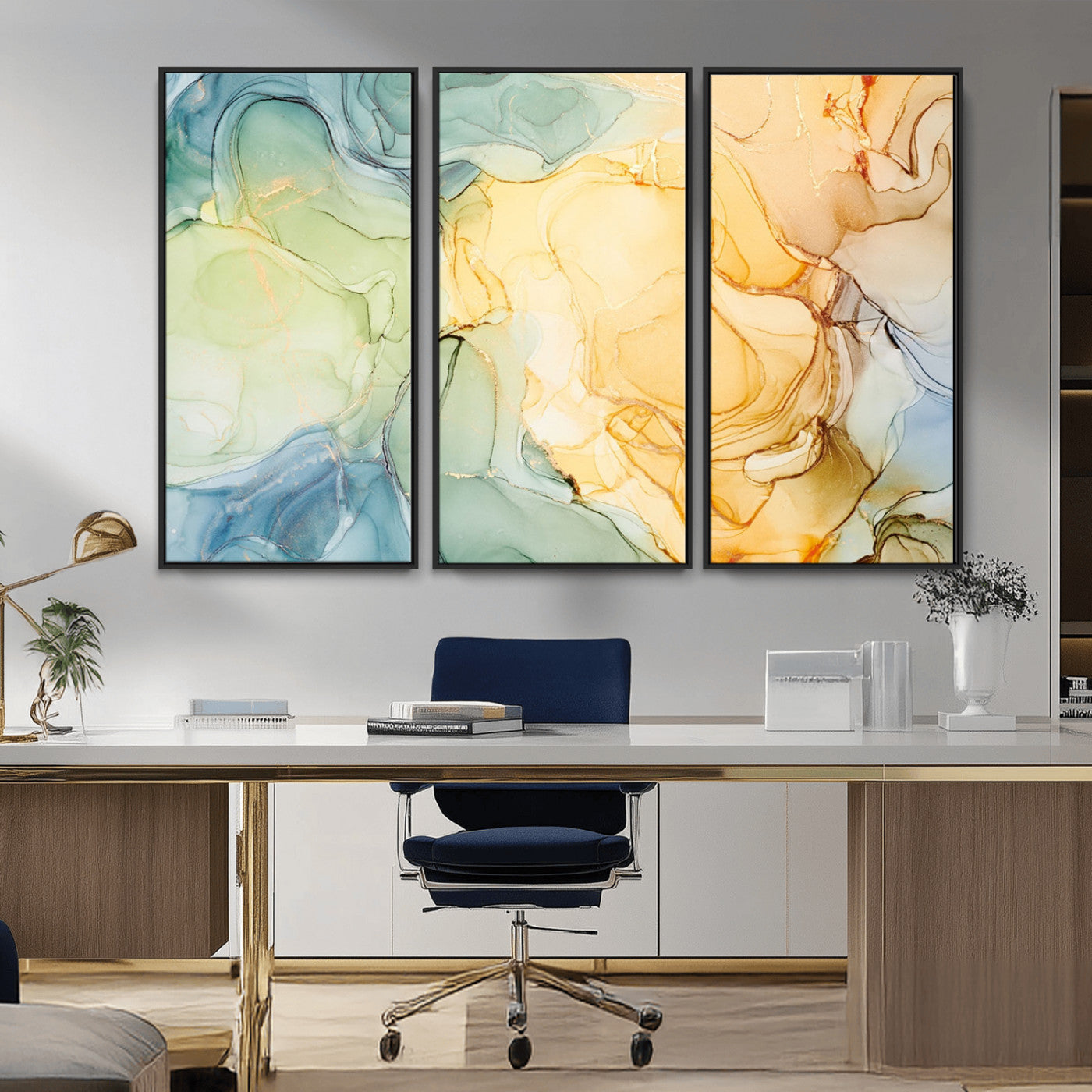 MGV-FC-48X32-3P - Green and Yellow Marble Fluid Effect Wall Art, Green and Yellow Marble Canvas Wall Art Print