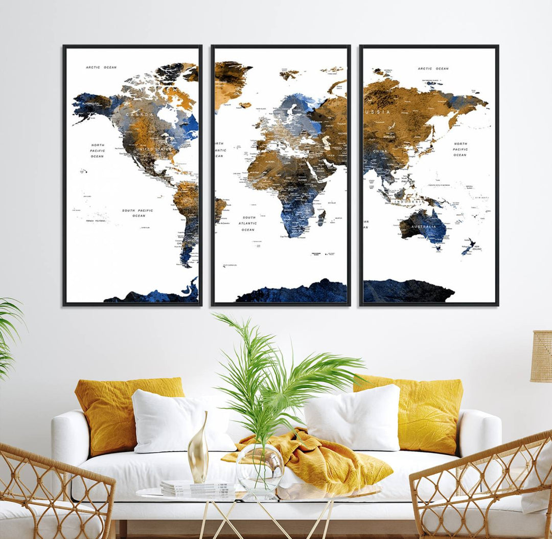 The Triptych Modern World Map Canvas in blue and brown is an ideal global decor piece for enhancing living rooms or offices. It comes ready to hang.