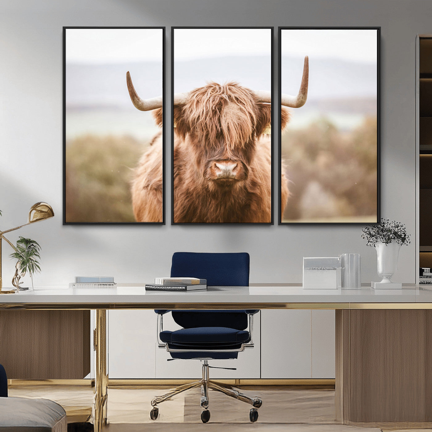 MGV-FC-48X32-3P - Scottish Serene Highland Cow Canvas Wall Art – Serene Highland Cow in Natural Pastel Tones – Ready