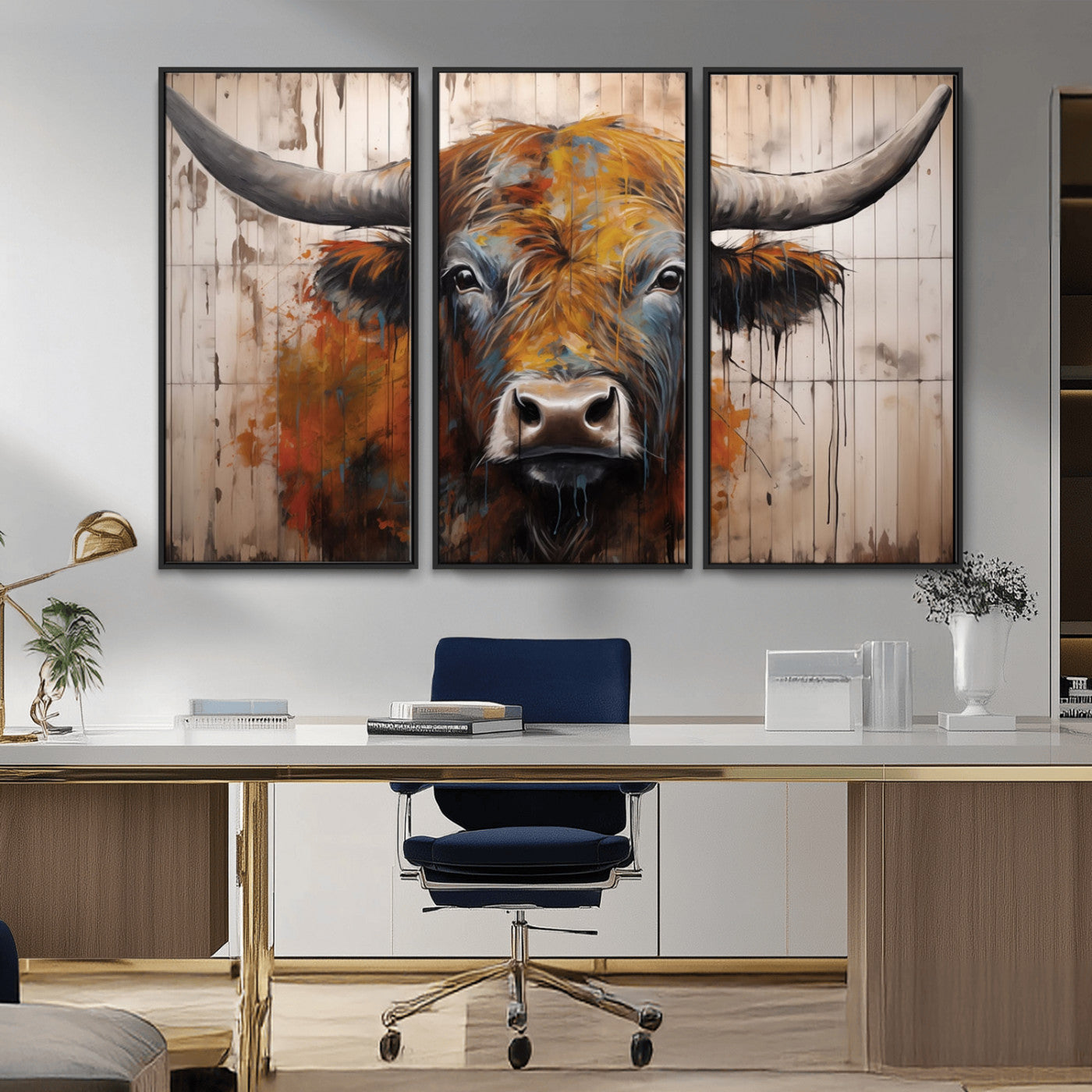 MGV-FC-48X32-3P - Scottish Highland Cow Cattle Art Print on Wood Style Background