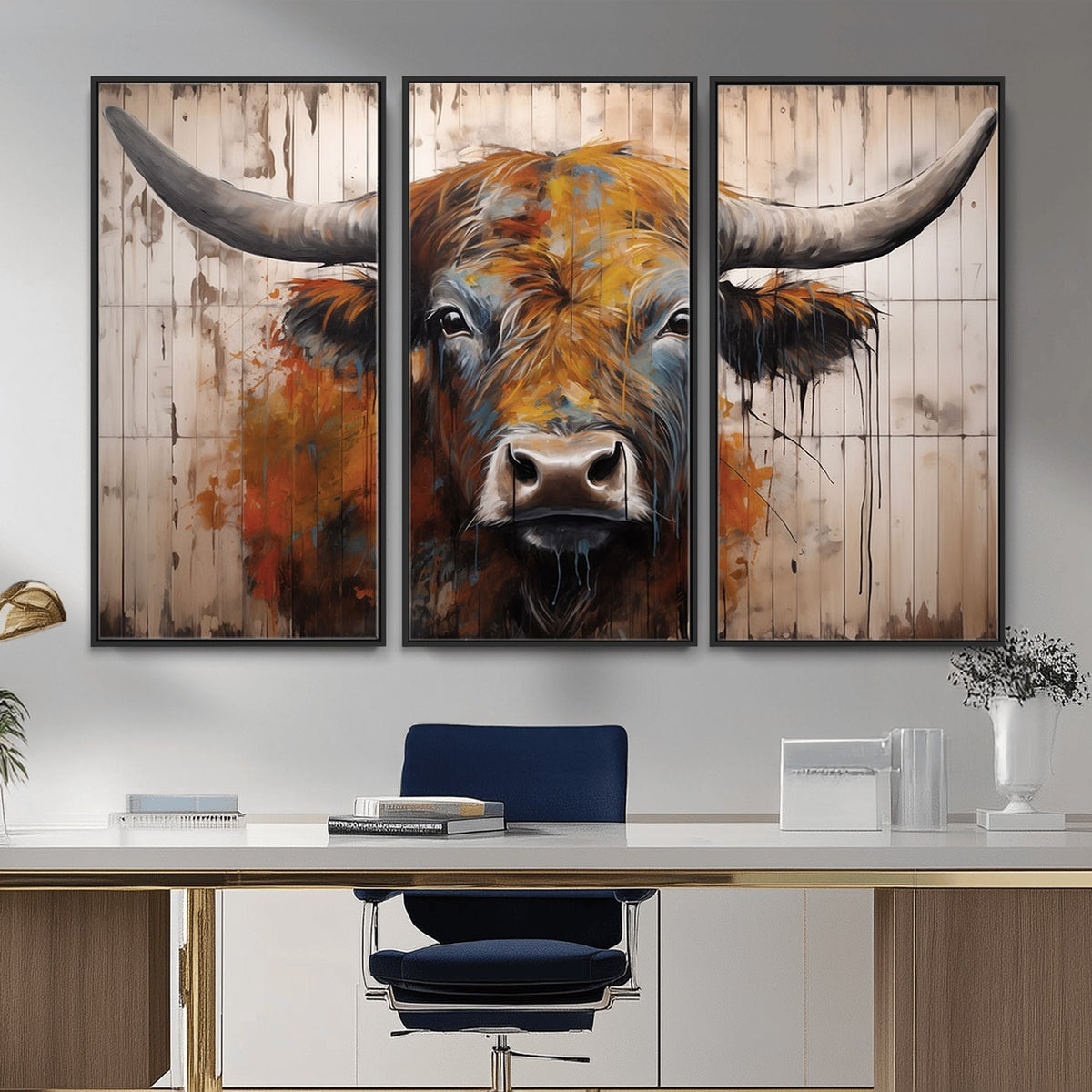 47284-MGV-CV-24X16 - Abstract Bull Highland Cow Canvas Wall Art Print