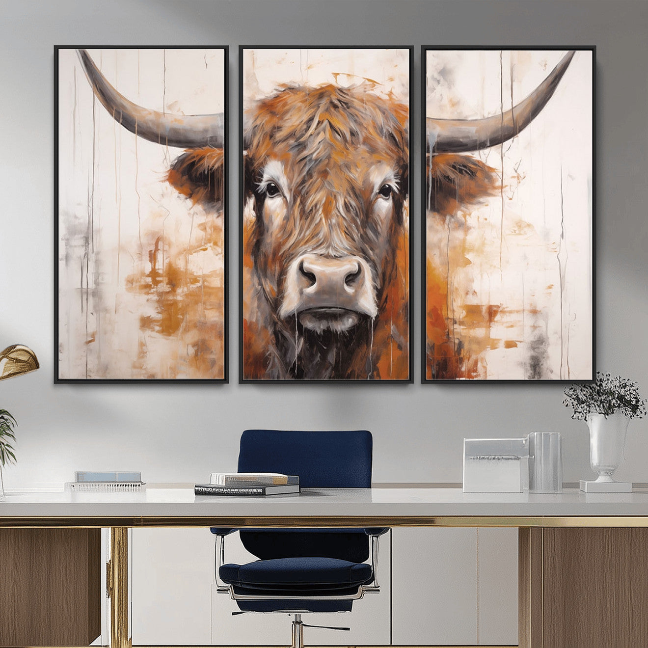 48622-MGV-FC-48X32-3P_Black-Vintage Scottish Highland Cow Cattle Art, Scottish Highland Cow Wall Art Print, Farmhouse Wall Art