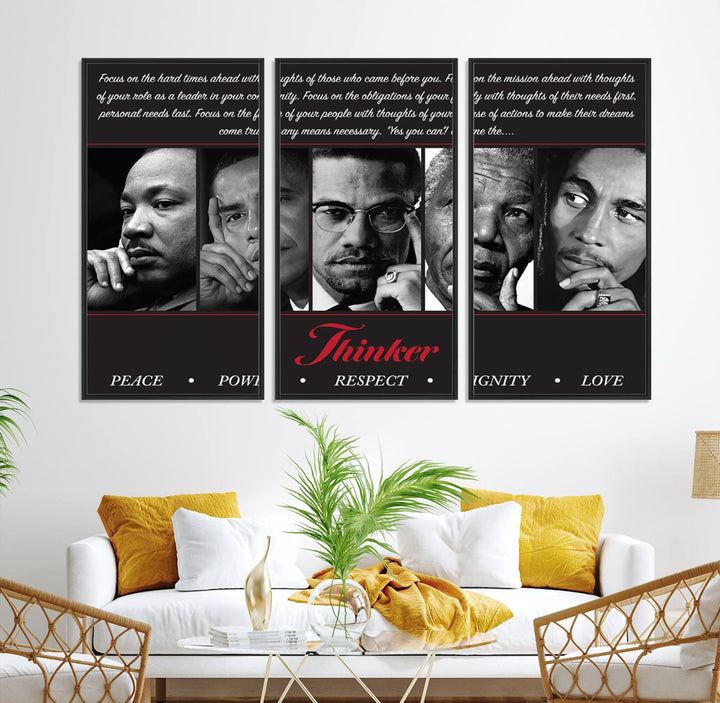 The Thinker Quintet Canvas Wall Art features portraits of Martin, Obama, Malcolm X, Mandela, and Marley, each representing virtues such as Peace and Power.