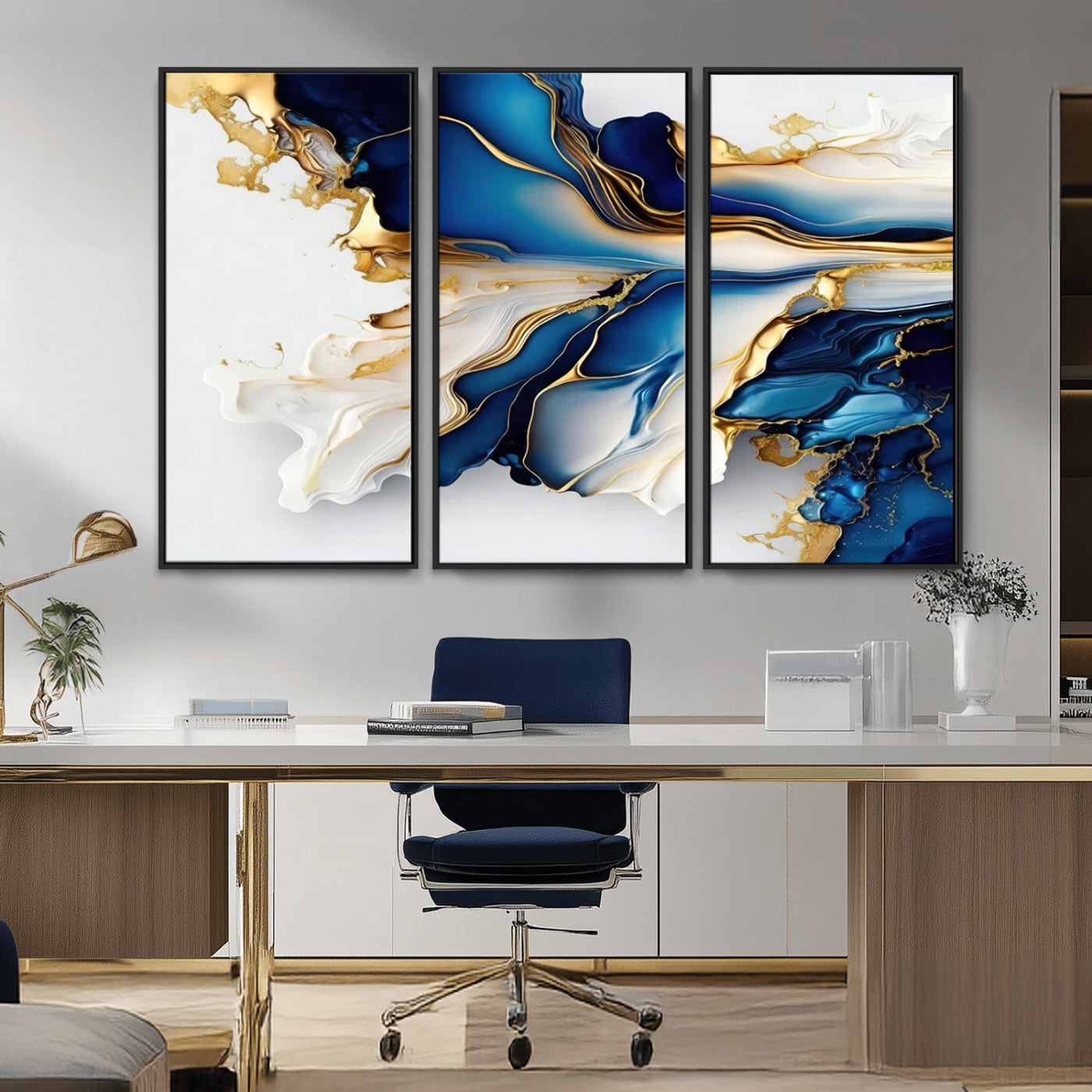 MGV-FC-48X32-3P - Gold Marble Art - Abstract Geode Gold And Blue Marble Shape 3 Pieces Wall Art Canvas Print