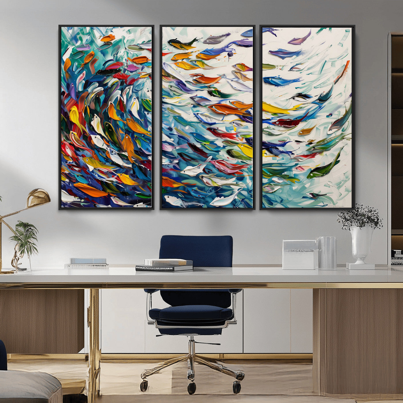 MGV-FC-48X32-3P - Modern Abstract Fish Shoal Wall Art Canvas Print, Colorful Fish Herd Painting on Canvas Print, Ocean