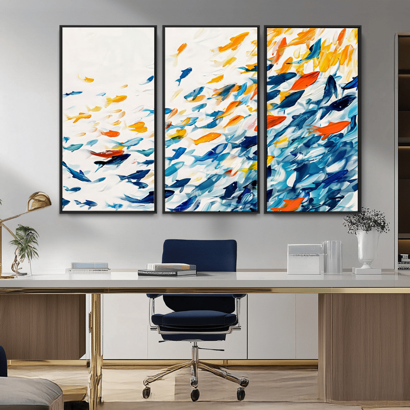 MGV-FC-48X32-3P - Abstract Fish Shoal Wall Art Canvas Print, Colorful Fish Herd Painting on Canvas Print, Ocean Animal