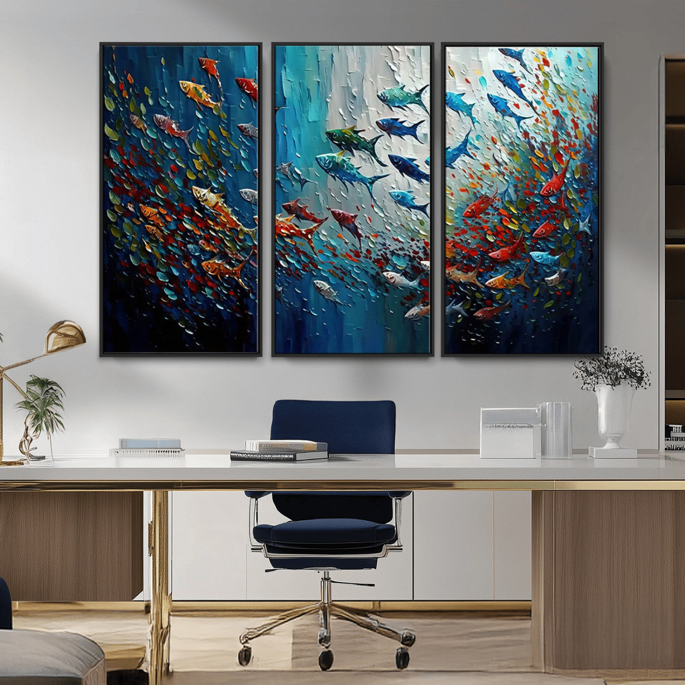 MGV-FC-48X32-3P - Modern Abstract Fish Shoal Wall Art Canvas Print, Colorful Fish Herd Painting on Canvas Print, Ocean