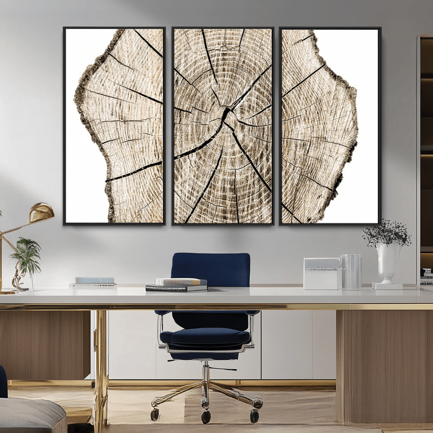 MGV-FC-48X32-3P - Abstract Wood Tree Ring Wall Art - Ready to Hang Minimalist Wooden Design for Rustic & Contemporary