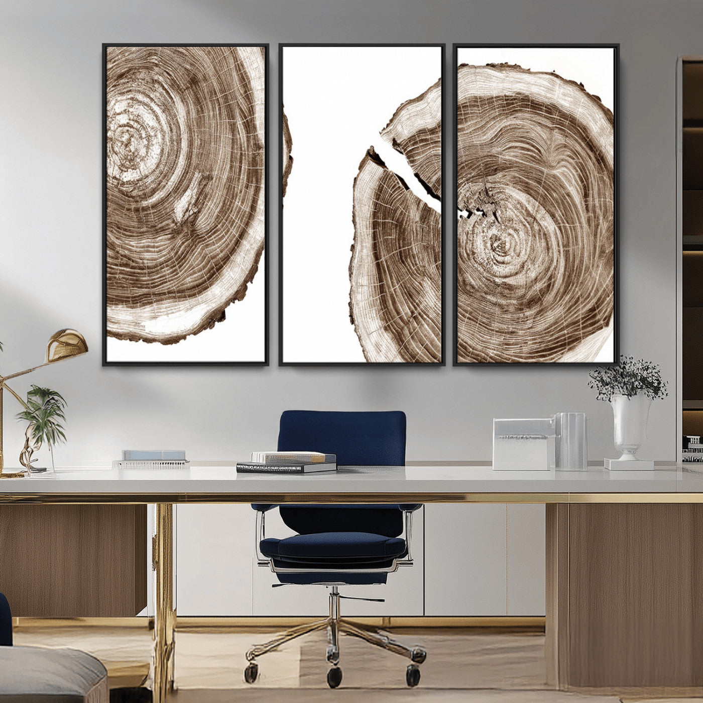 MGV-FC-48X32-3P - Wood Tree Ring Wall Art Canvas Prints, Tree Rings – Minimalist Black and White Wood Art | Triptych