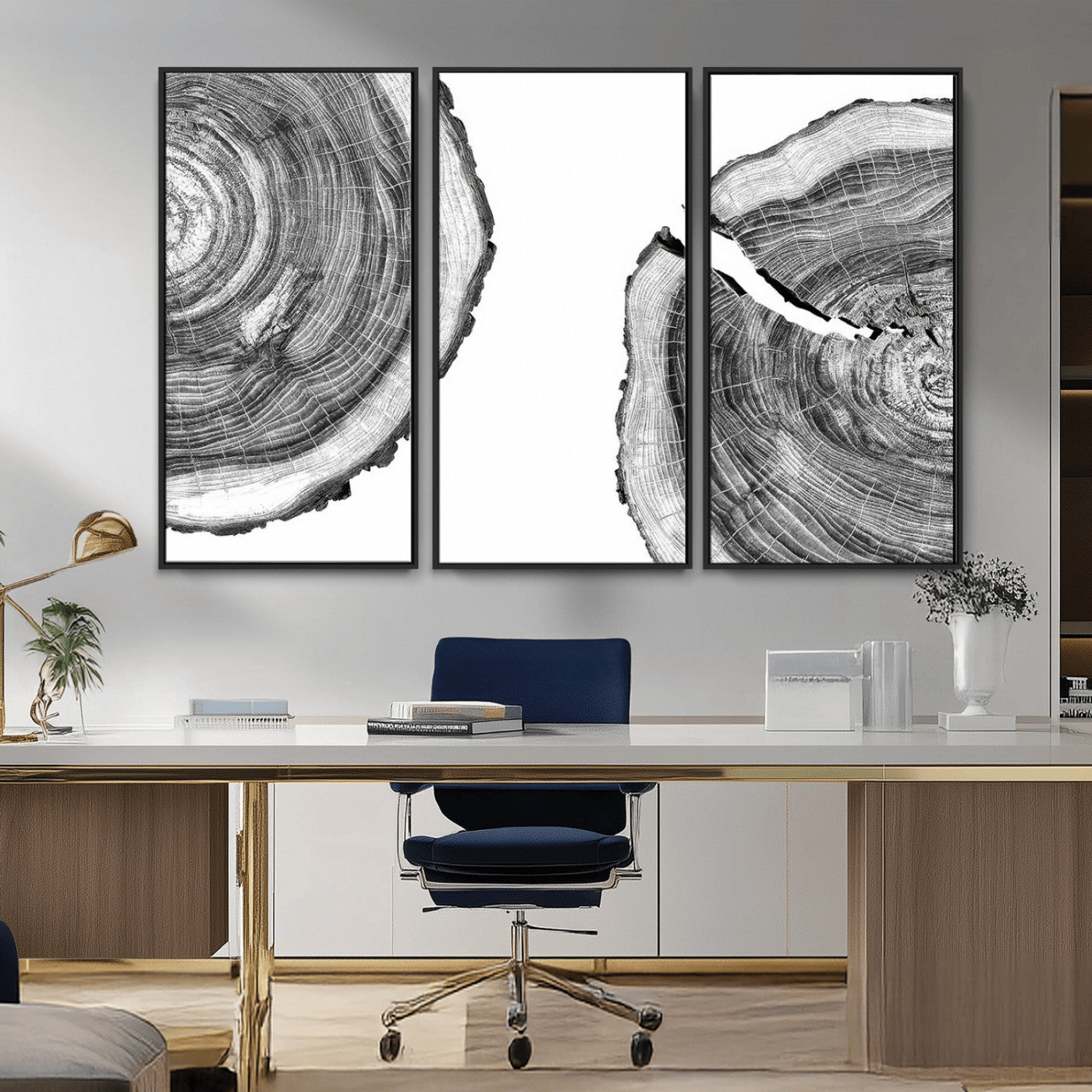 MGV-FC-48X32-3P - Abstract Large Tree Rings – Minimalist Black and White Wood Art | Triptych Canvas, Modern Wall Decor