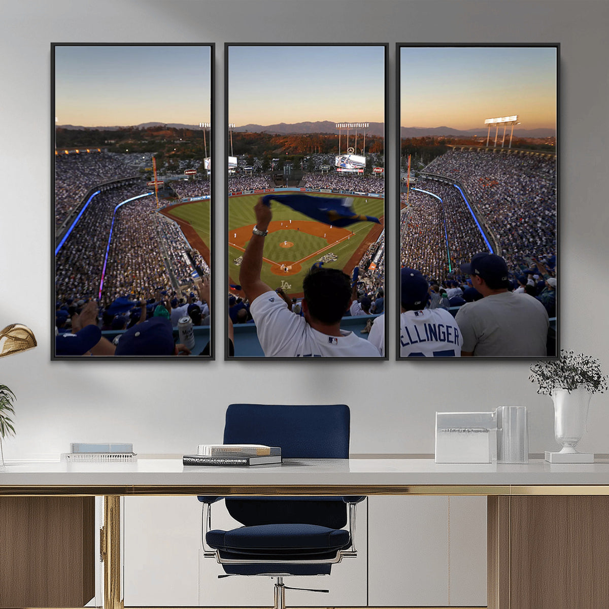 60162-MGV-CV-36X24 - Dodger Stadium Sunset Game Triple Canvas Wall Art, Los Angeles Dodgers MLB Match