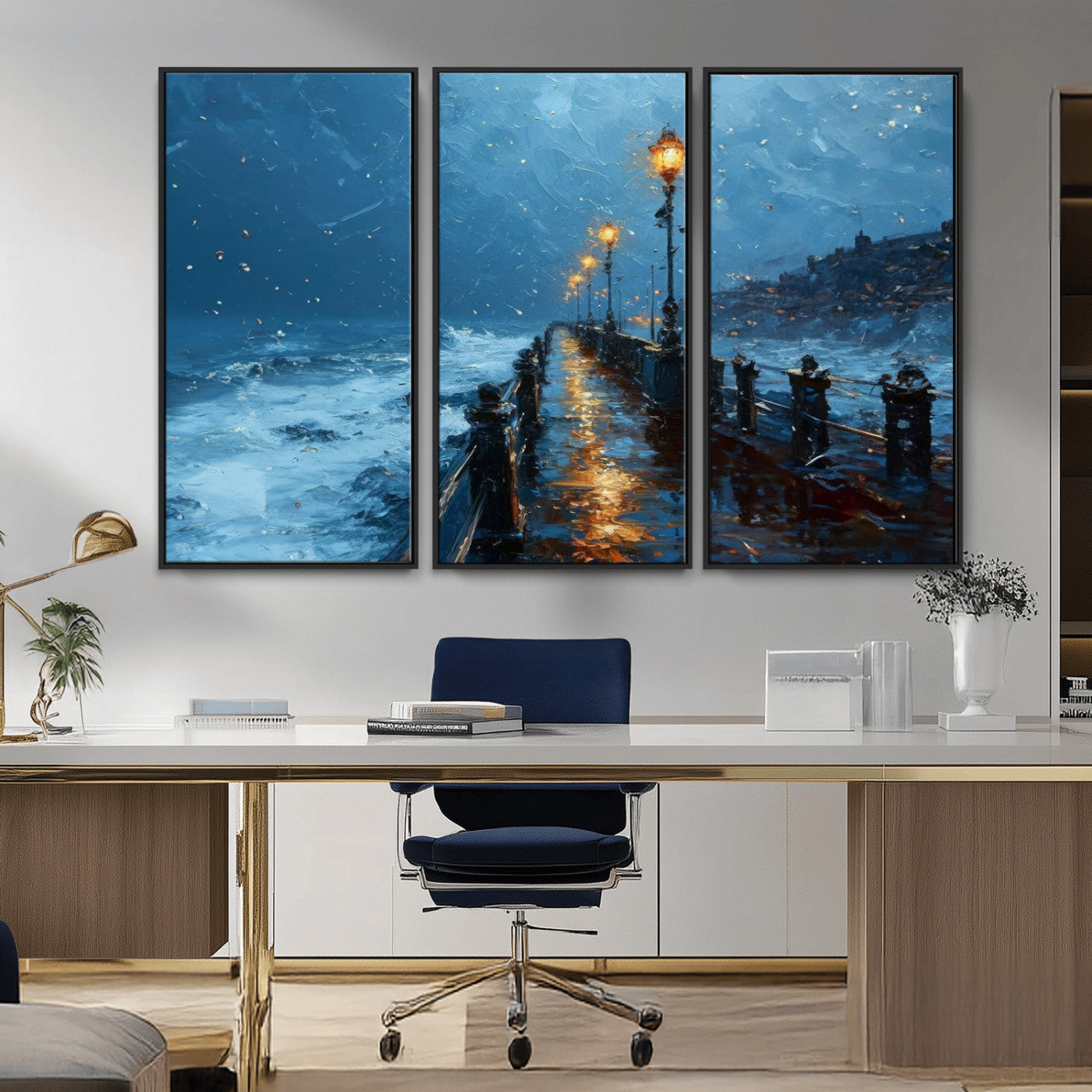 MGV-FC-48X32-3P - Stormy Night at Beach Pier Oil Painting Large Wall Art Print, Framed Canvas Nature Wall Decor,