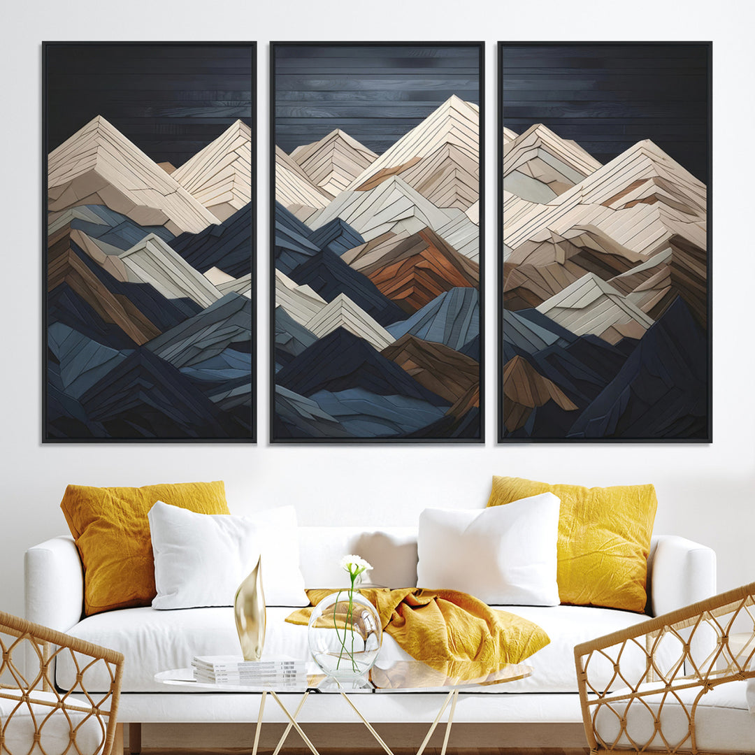 Rustic Mountain Landscape Wall Art Print - Wooden 3D Effect Mountain Canvas Print - Textured Peaks Wall Art for Cabin or Lodge Decor