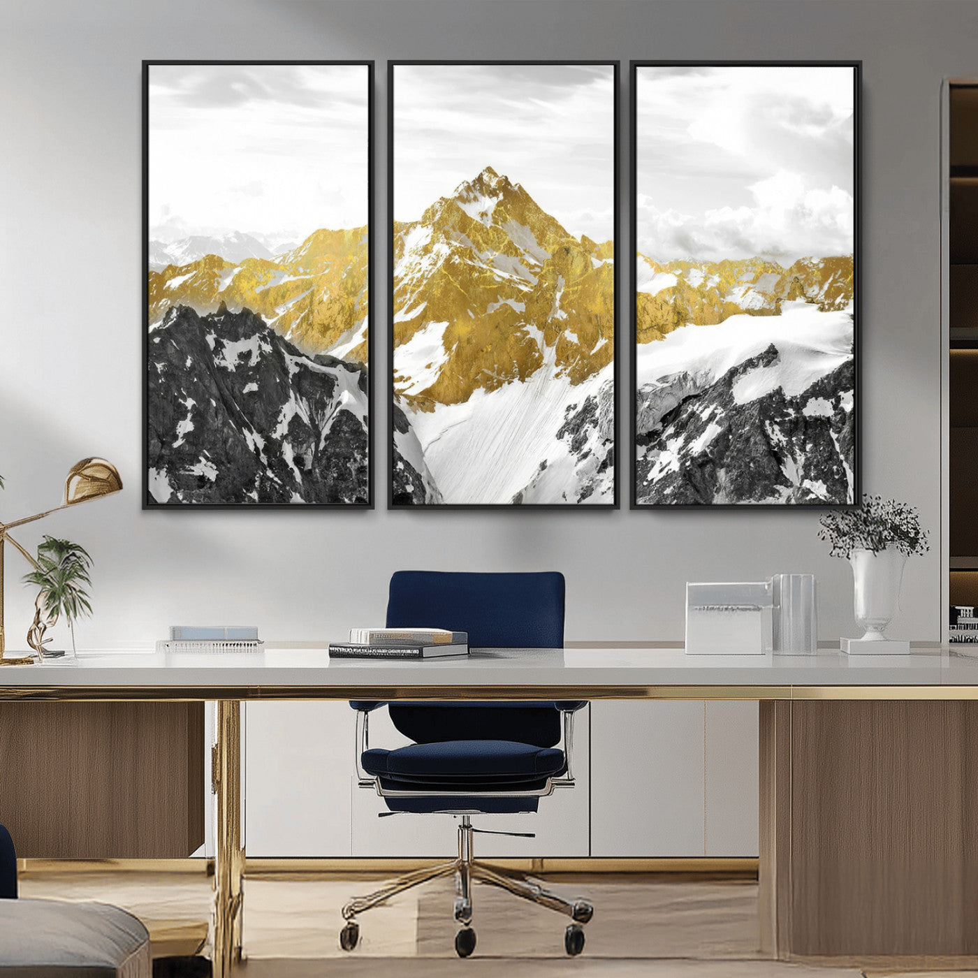 MGV-FC-48X32-3P - Gold Abstract Mountains Wall Art Print on Canvas, Nature Wall Art Print,