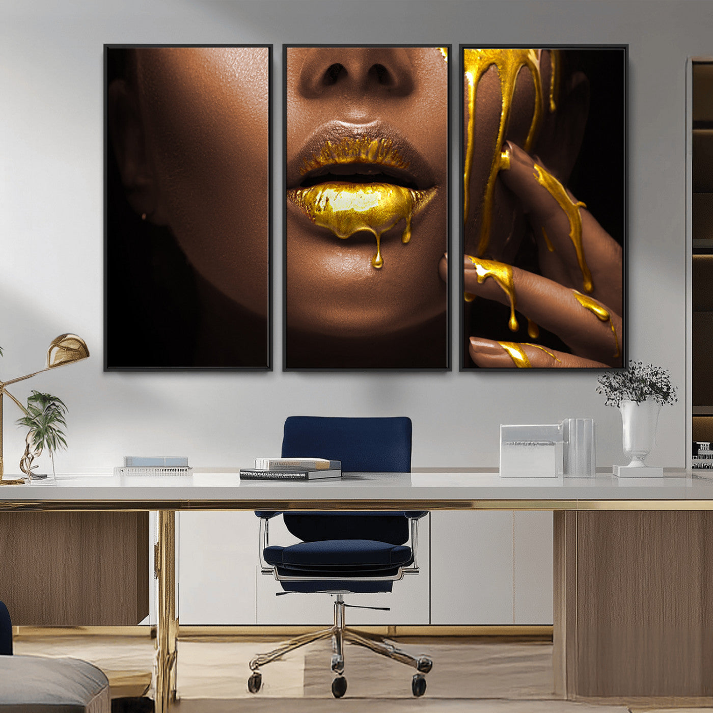 MGV-FC-48X32-3P - African American Art Black Woman Canvas Print, African Wall Art, Fashion African Woman Gold Lips