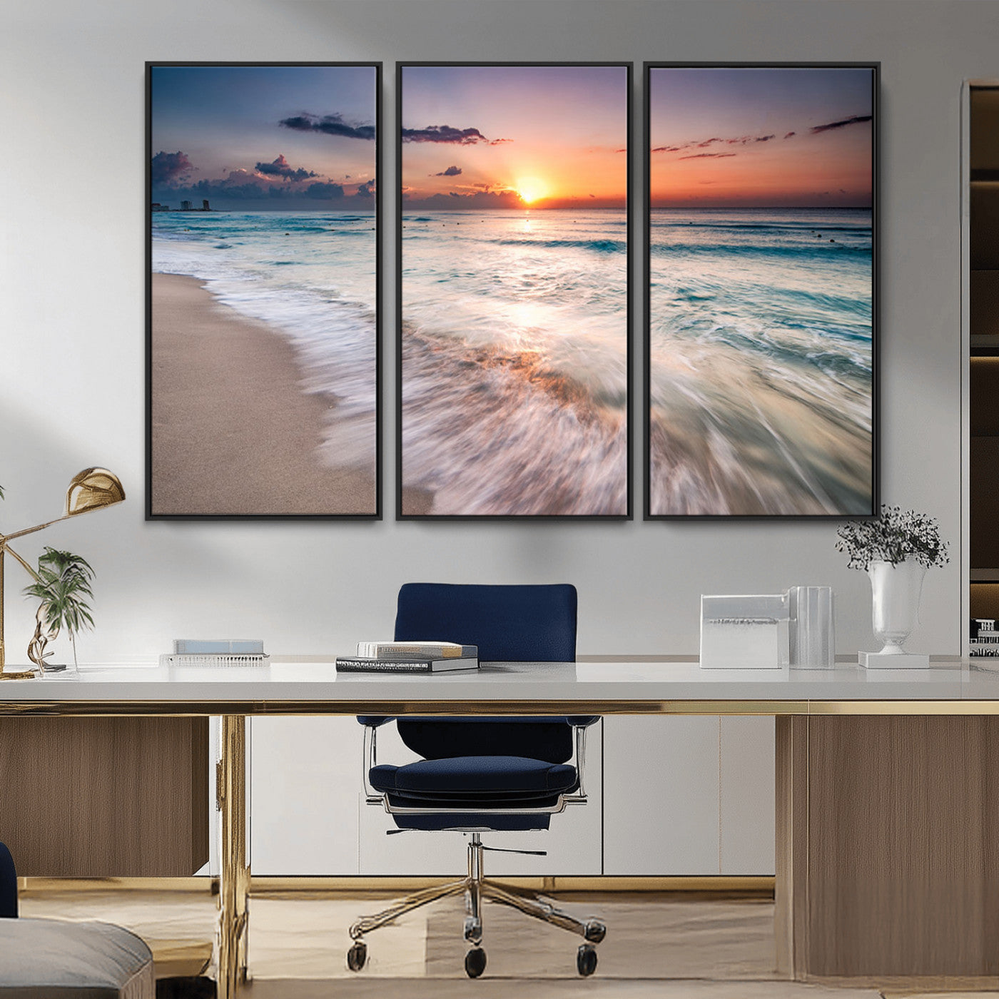 MGV-FC-48X32-3P - Sunset Beach Wall Art – Soothing Coastal Landscape, Ready to Hang for Tranquil Home Decor