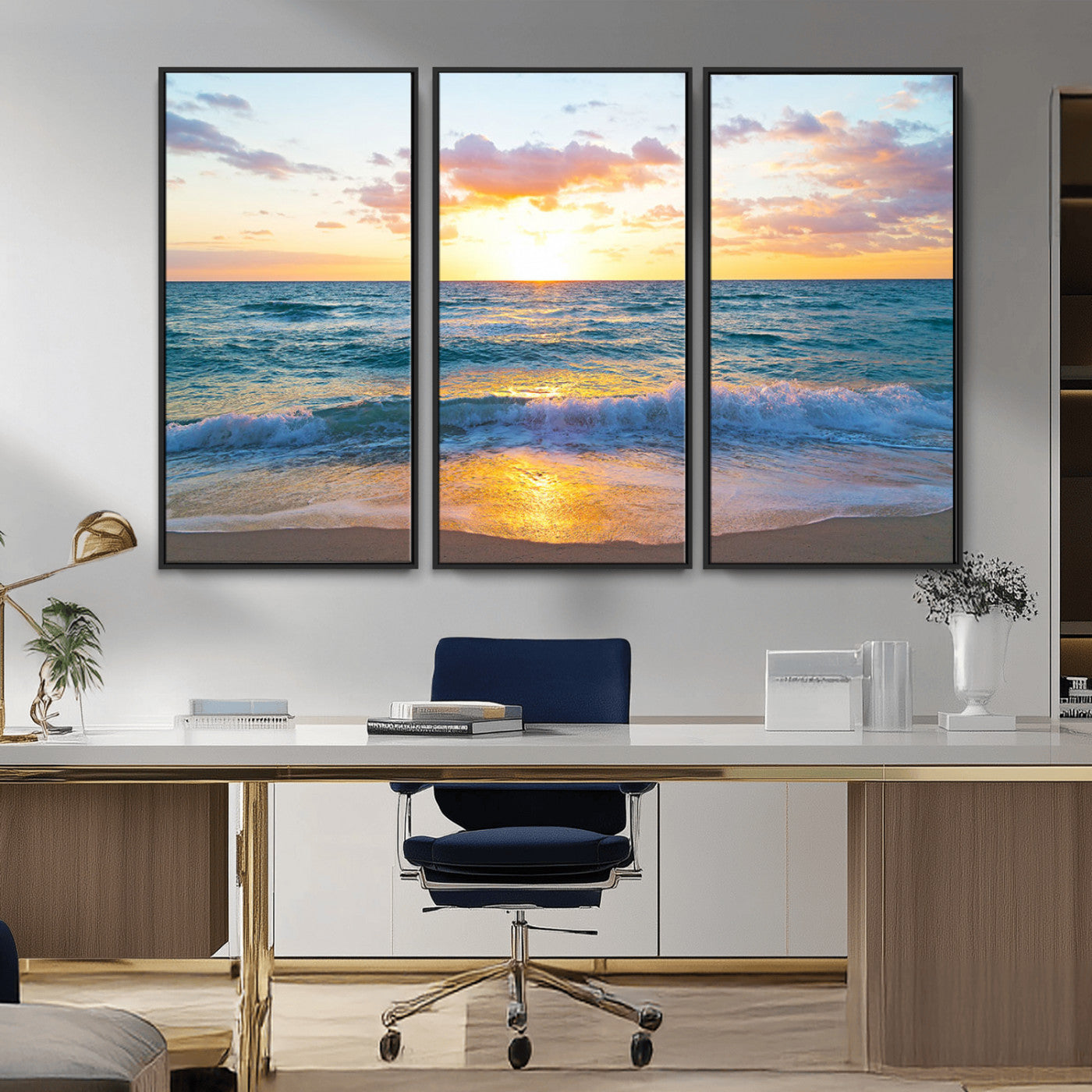 MGV-FC-48X32-3P - Golden Sunset Over Ocean Waves - Serene Coastal Triptych Wall Art for Relaxing Home Decor, Ready to