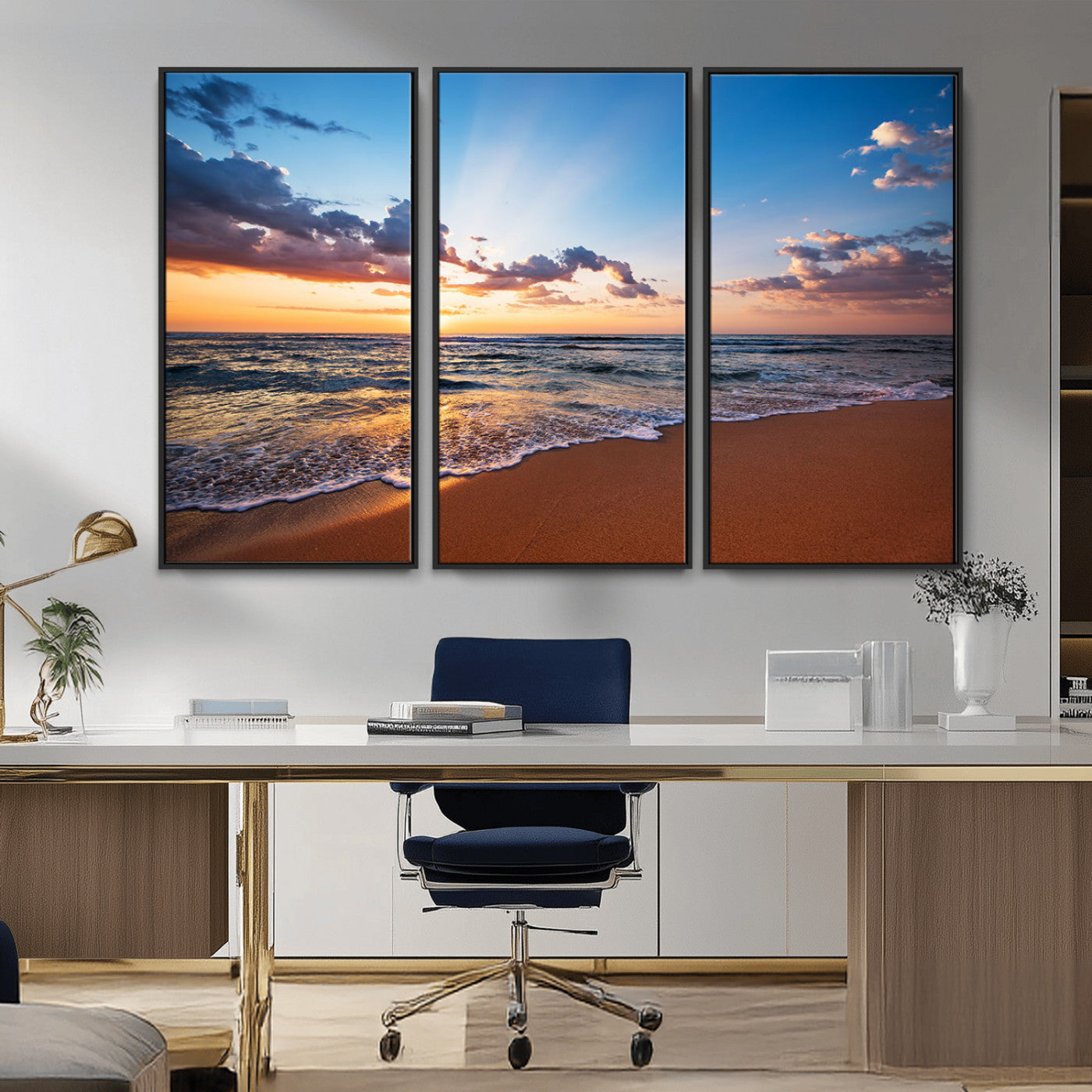 MGV-FC-48X32-3P - Golden Hour Beach Sunset Wall Art | Canvas Print | Ready to Hang | Coastal Wall Art for Living Room