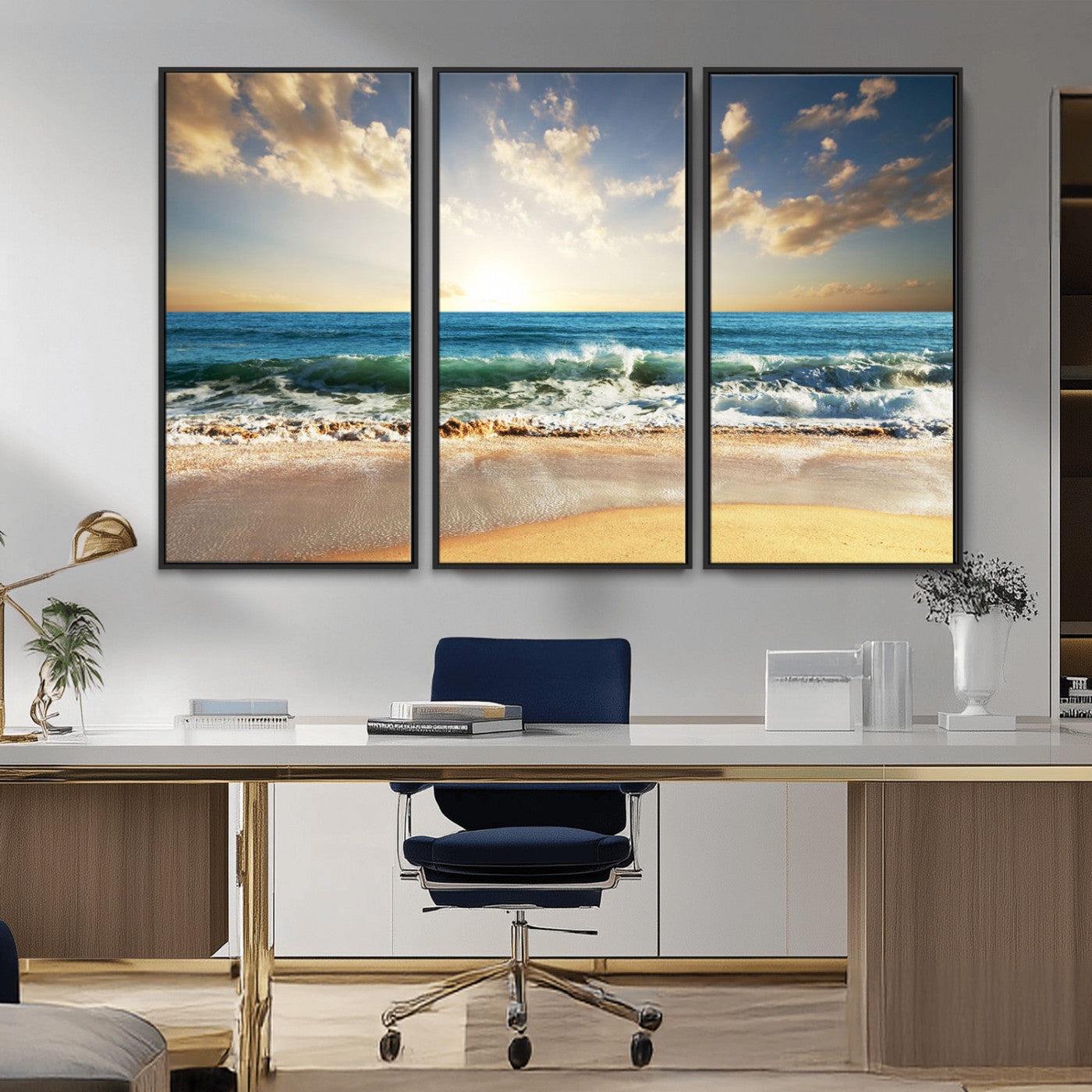 MGV-FC-48X32-3P - Golden Sunset Beach Triptych Canvas Wall Art for Living Room – 3-Panel Ocean View, Framed & Ready to