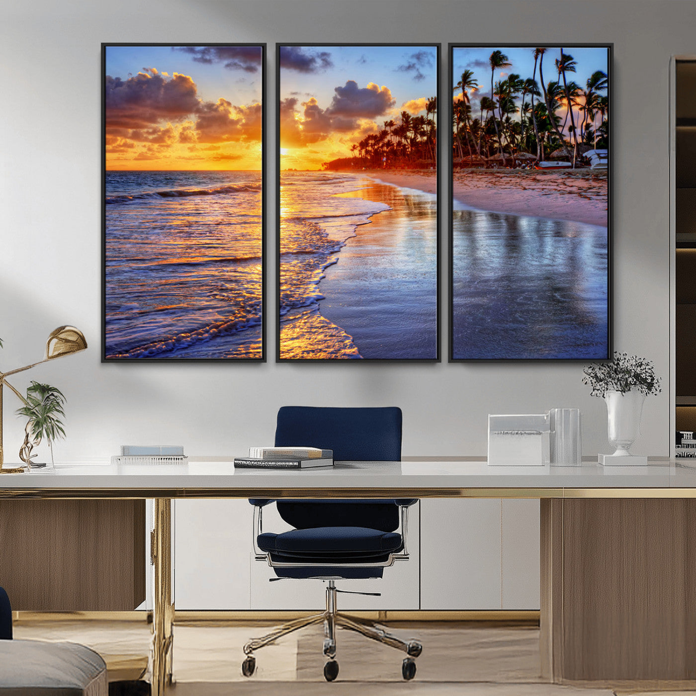 MGV-FC-48X32-3P - Serene Beach Sunset Wall Art Canvas- Coastal Seascape Print for Living Room or Bedroom, Ocean Waves