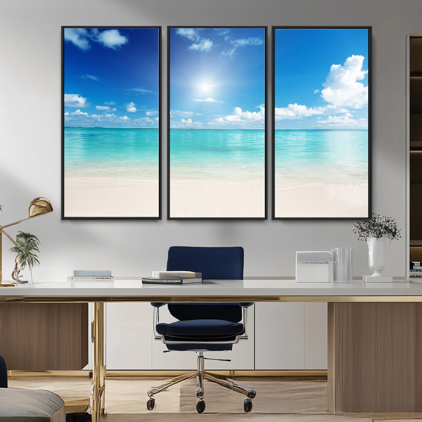 MGV-FC-48X32-3P - Blue Ocean Wall Art Canvas Print - Tranquil Ocean Paradise Triptych Wall Art - Ready to Hang Beach