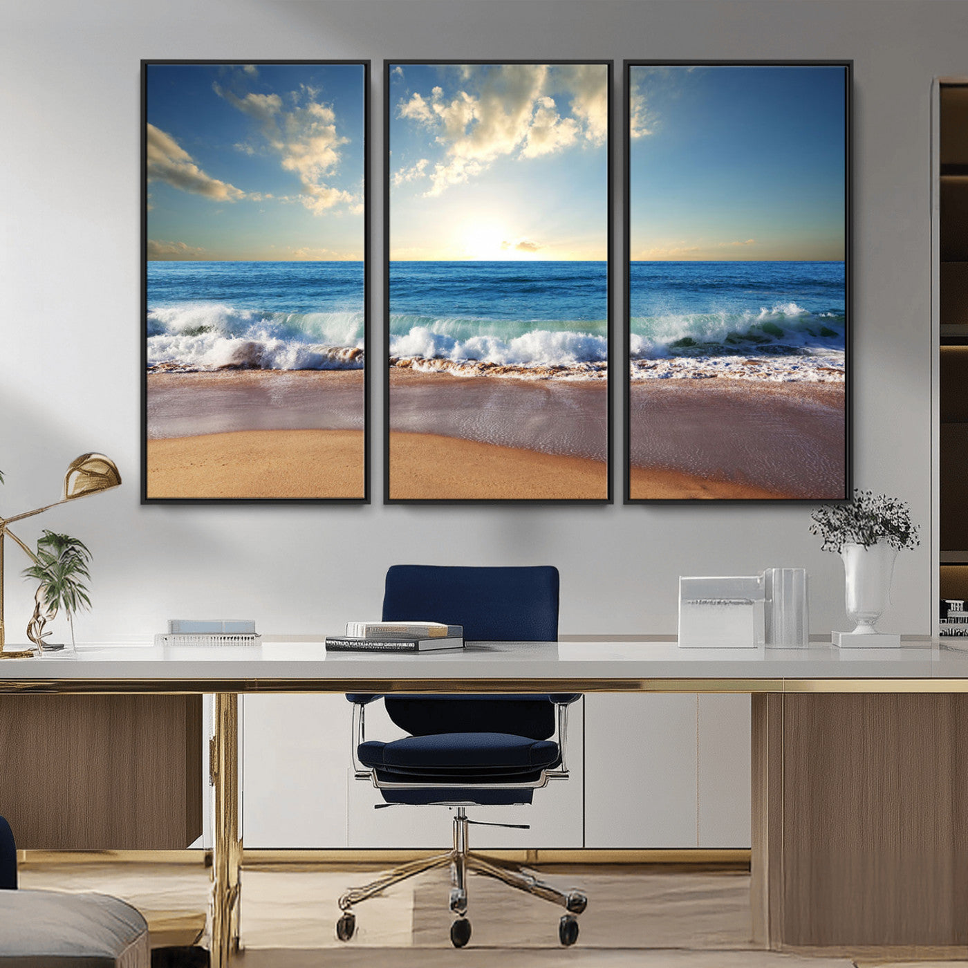 MGV-FC-48X32-3P - Serene Ocean Sunset Canvas Wall Art - Beach Waves at Sunset, Ready to Hang