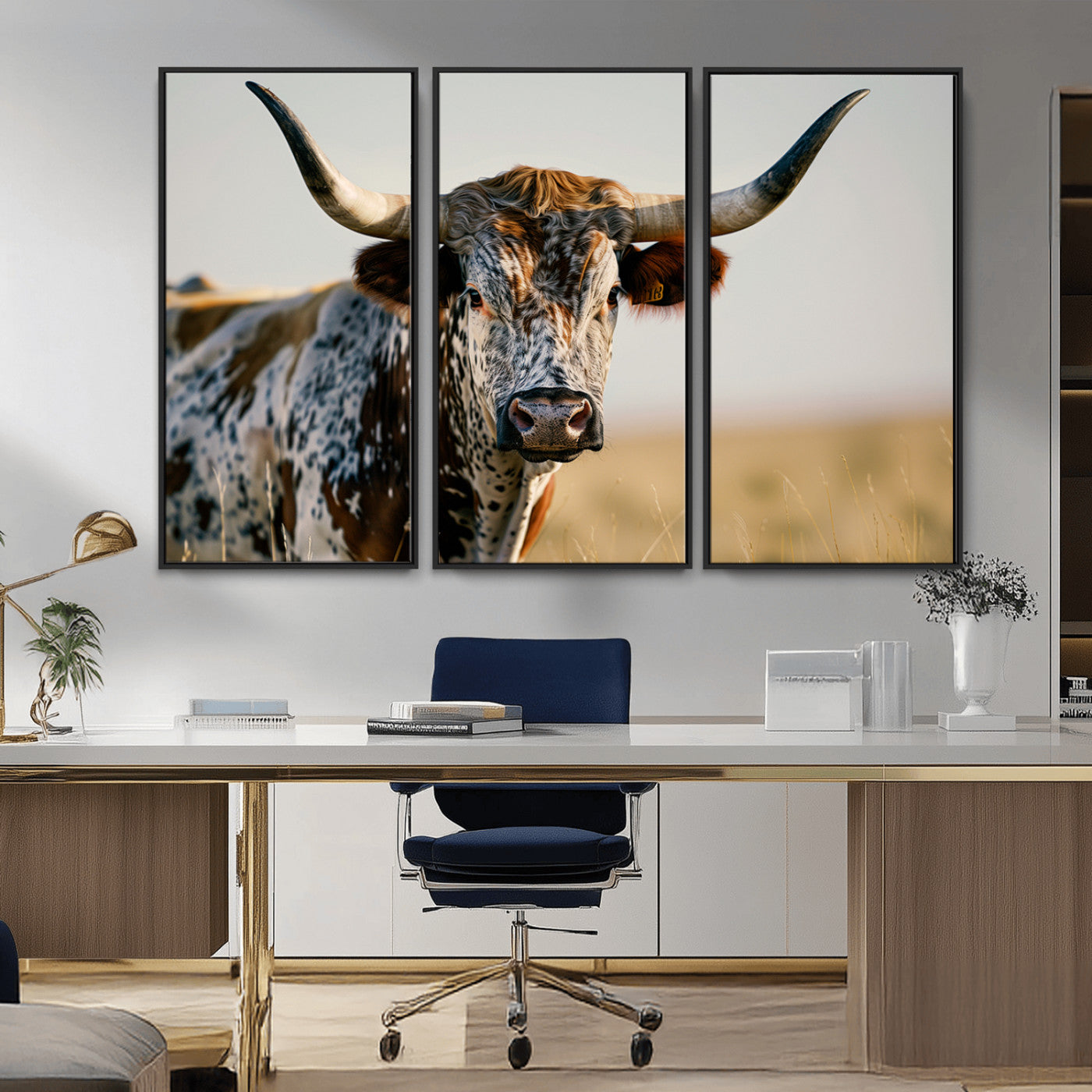 MGV-FC-48X32-3P - Texas Bull Longhorn Wall Art Canvas Print for Farm House Wall Decor, Farmhouse Wall Art Print