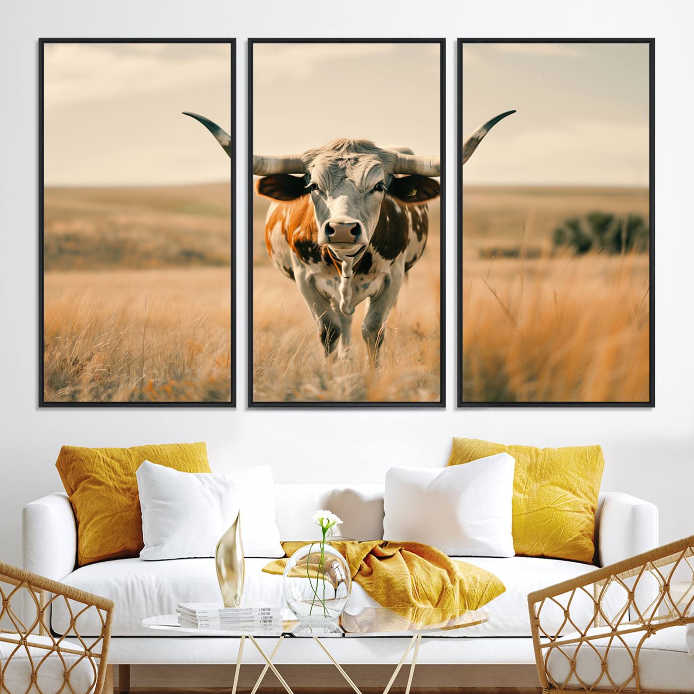 16580-MGV-CV-36X24-Texas Cow Longhorn Wall Art Canvas Print for Farm House Wall Decor, Farmhouse Cow Print Canvas Wall Art Print