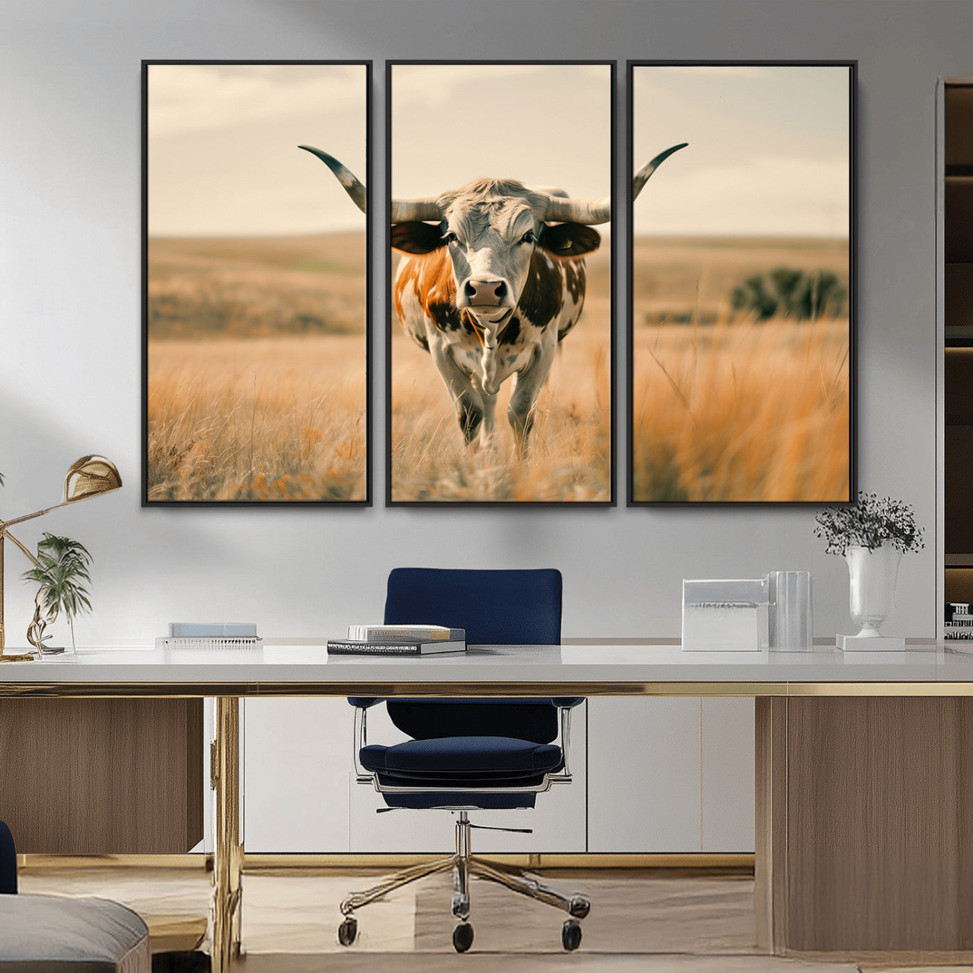 MGV-FC-48X32-3P - Texas Cow Wall Art Canvas Print for Farm House Wall Decor, Farmhouse Wall Art Print